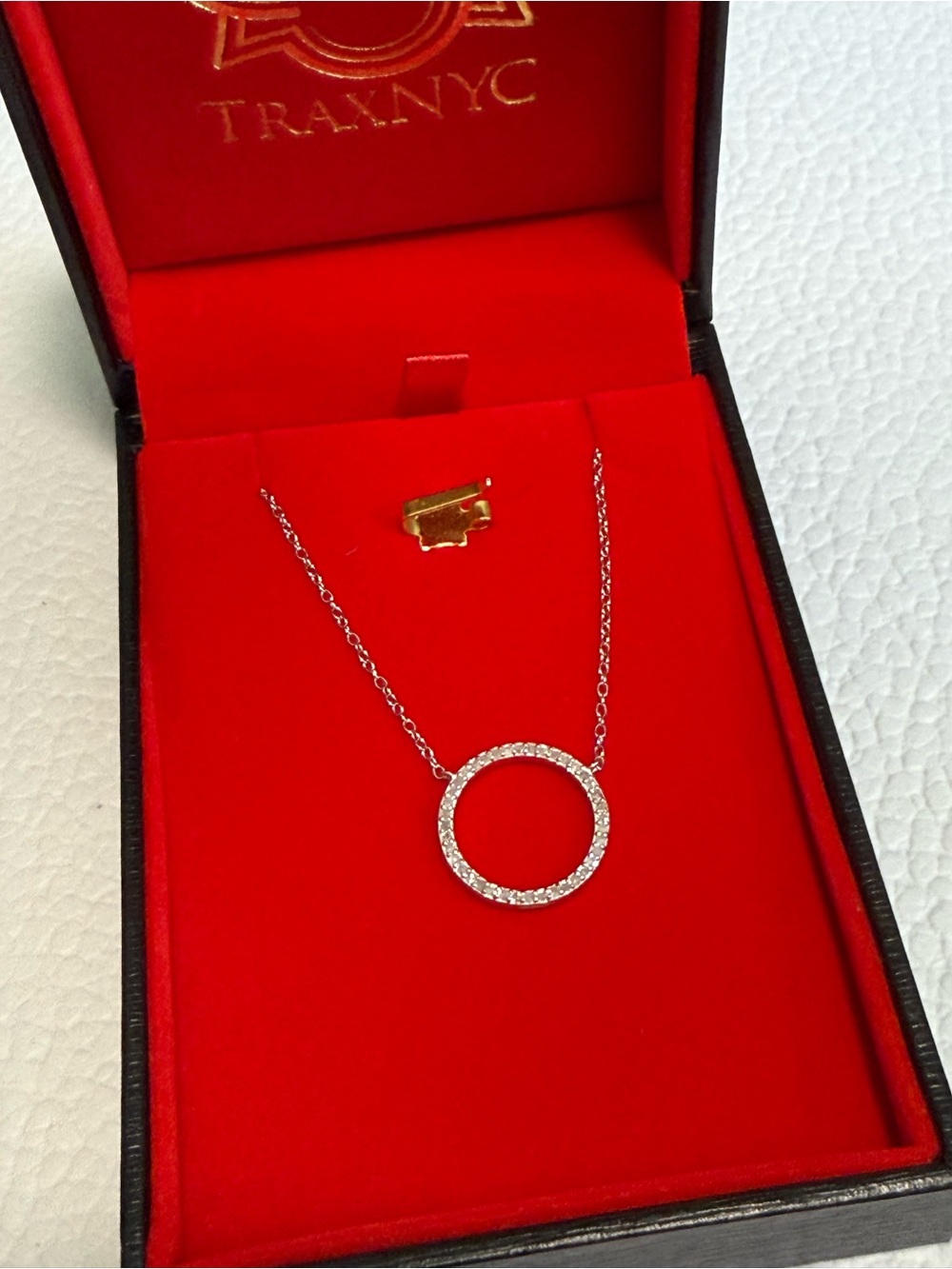 TraxNYC Silver Circle Pendant Necklace with Pavé Stones